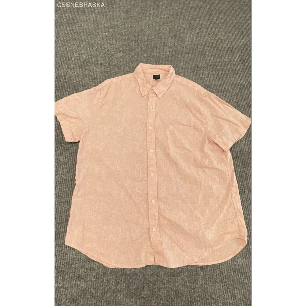 J.Crew Men's Pink Leaf Print Short Sleeve Linen Cotton Button Down Shirt Sz XL